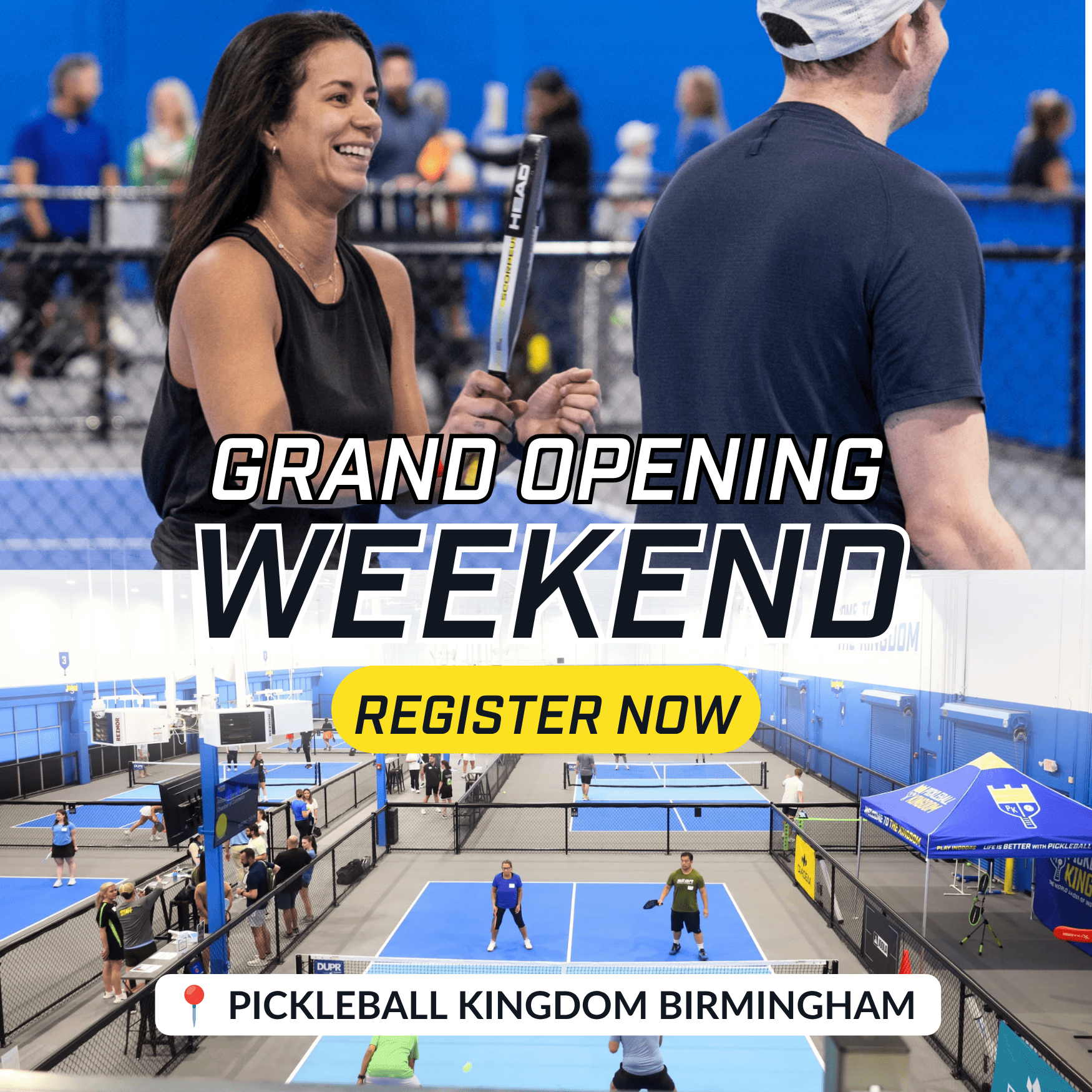 Two people playing pickleball on an indoor court.